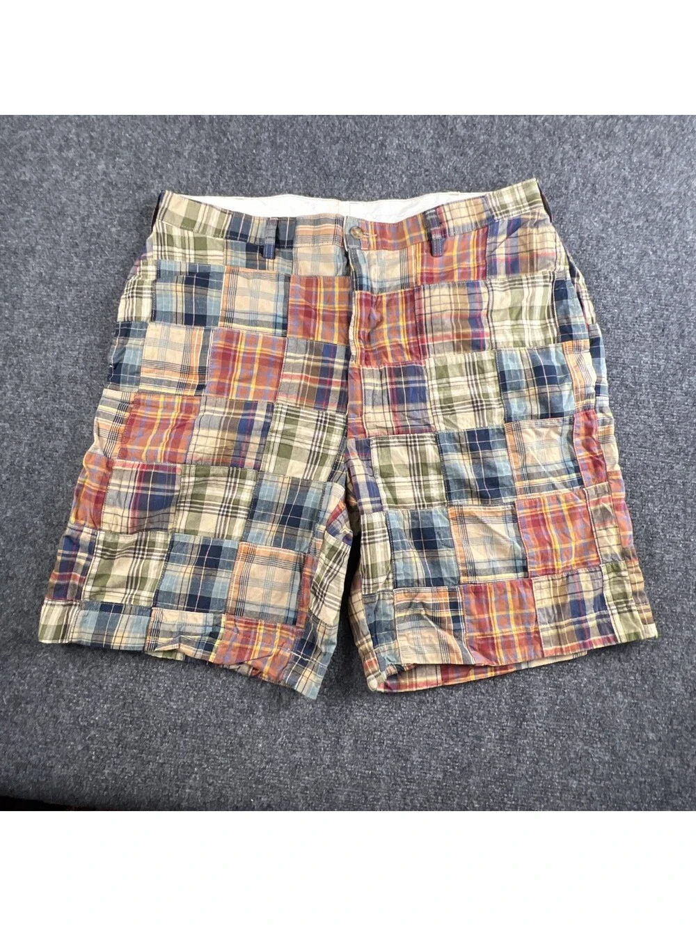 Jos A Bank Madras Patchwork Shorts Men 36 Earth Tones Plaid 9” Inseam Preppy Ivy